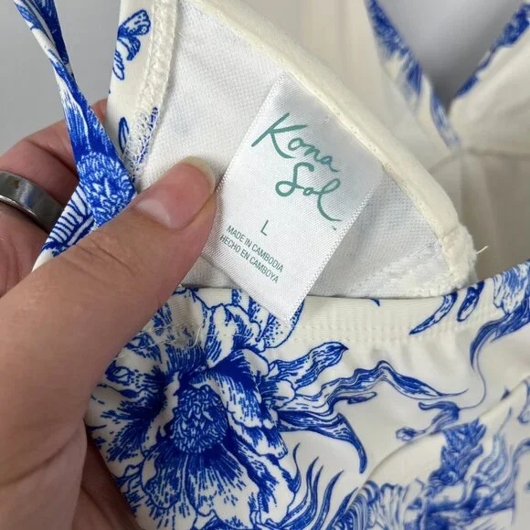 Kona Sol White with Blue Floral Toile Pattern Adjustable One Piece Swimsuit Sz L - Picture 5 of 9